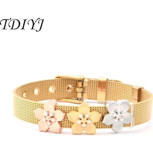 TDIYJ Fashion Collection Gold Mesh Stainless Steel Keeper ing Bracelet with Crystal Flower Slide Charms for Women 1Set