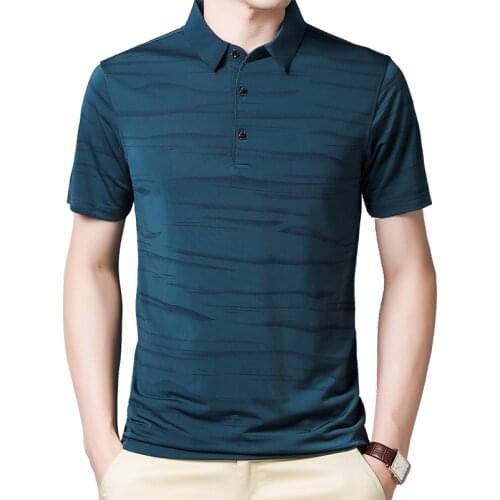 BROWON Fashion Striped Men Tshirt SummerThin Breathable Turn-down Collar Male Tees Short Sleeve Business Work Plus Size Tops