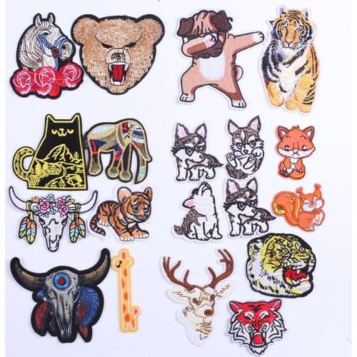 Animals Embroidered Patches for Clothing Bear Cat Dog Sewing Application Sew on Patch Diy Iron-on Applique Stripes on Clothes