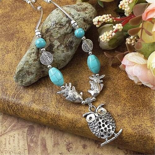 Ladies Men Natural Stone Turquoises Necklace Alloy owl Elephant Hollow Pendant 2020 Handmade Jewelry All-match Beaded Jewelry