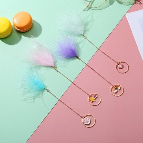 Feather Bookmark Pendant Cartoon Cats Claw Rainbow Shell Book Mark Page Folder Metal Bookmarks Stationery Decor Jewelry Chain