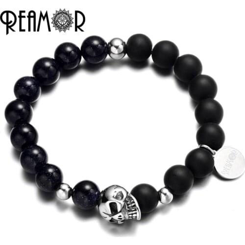 REAMOR Luxury Men 10mm Black Matte Onyx&Blue Starry Sky Sand Stone match Stainless Steel Skull Elastic Beaded Bracelets Jewelry