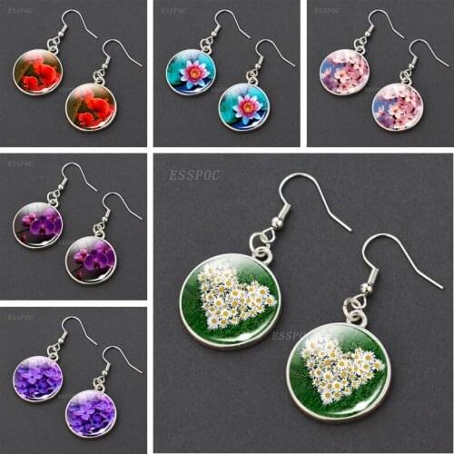 Simple Style Daisy Rose Sakura Earrings Flowers Earings Glass Cabochons Fashion Jewelry Gifts for Women Earrings