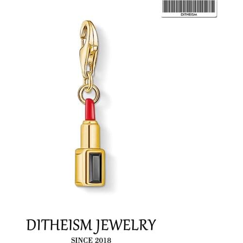 Golden Red Lipstick Charms,2019 Winter New Fashion Jewelry 925 Sterling Silver Gift For Women Girls Fit Bracelet Necklace Bag