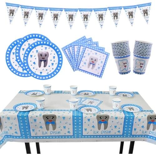 Blue My First Tooth Theme Party Decoration Tableware Paper Cup Plate Napkins Baby Shower Balloons Boy Birthday Party Supplies