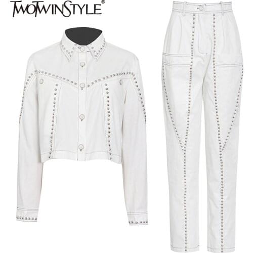 TWOTWINSTYLE White Patchwork Casual Two Piece Set For Women Lapel Long Sleeve Coat Full Length Pants Female Solid Suits 2021 New