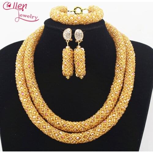 Golden Crystal Nigerian Wedding Bridal African Beads Jewelry Set Handmade Indian Dubai Necklace Sets Bracelet Earrings N0026