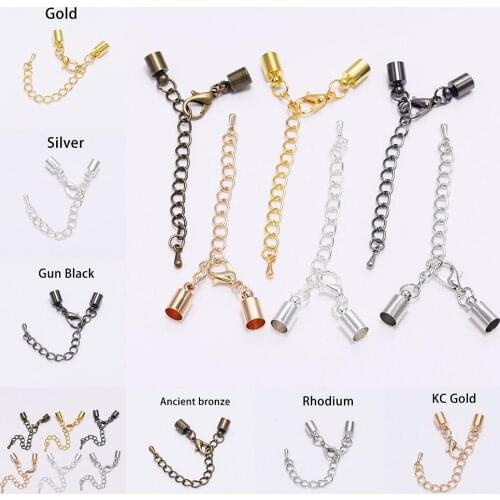 10pcs 3-10 mm Tassel Round Leather End Tip Caps With Extending chain Lobster Clasps Hooks Connectors For Jewelry Making Findings