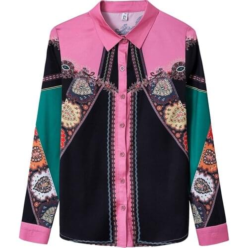 Europe Runway Style 2020 Autumn Womens Turn Down Collar Shirts Long Sleeves Floral Print Shirt Female Ladies Blouse Tops A3561