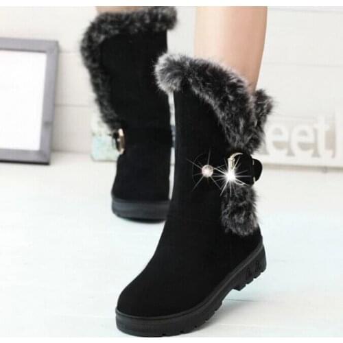 2019New Wine Red /Black brown Winter Women Casual Warm Fur Mid-Calf Boots shoes Women Slip-On Round Toe flats Snow Boots