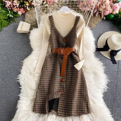 Fashion Hot Sale INS Sexy Cloth Women Knit SweaTop And Leopard Plaid Strap Dress Two Piece Sets Female Sundresss Suit Outfit