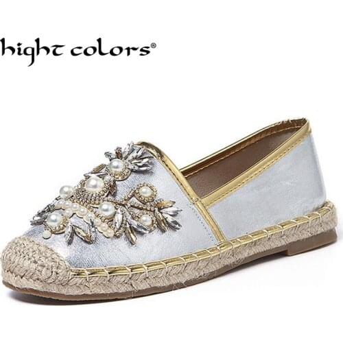 New Women Casual Flat Shoes Fashion Slip On Round Toe Breathable Rhinestone Loafers Straw Hemp Rope espadrilles Shoes Big Size