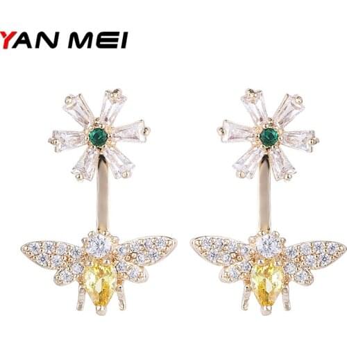 YANMEI Bee And Flower Stud Earrings For Women Mirco Cute Korea Rhinestone Earring Cubic Zirconia Fashion Jewelry YME7770