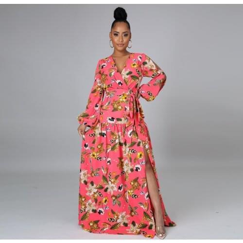 Elgant French Maxi Dress Sexy Wrap V Neck Long Sleeve High Slit A-line Lace Up Bandage Long Women Dresses Robe Lounge Vestidos