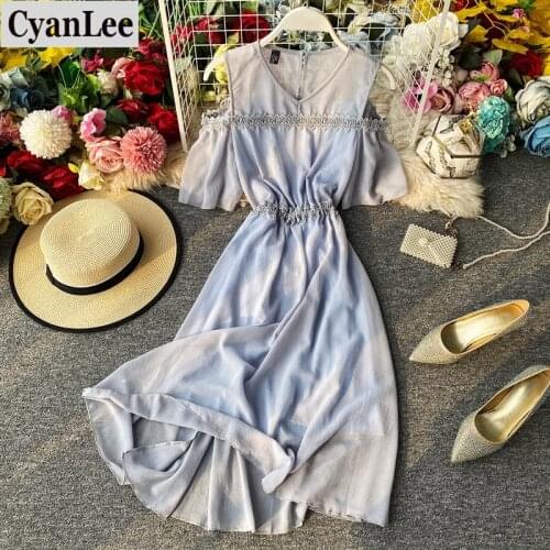 Cyanlee Solid Fashion Off Shoulder Vestidos Elegant Korean Chic Women Lace Chiffon Dress V Neck 2020 Summer Dresses A-line Robe