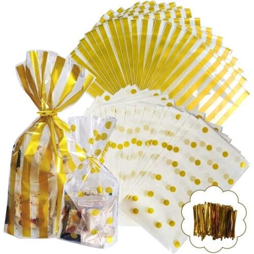 100PCS Gold OPP Bags with Twist Ties for Cookie, Bakery, Candy, Sweet, Cup Cake and Snacks Durable Cello Treat Bags Transparent