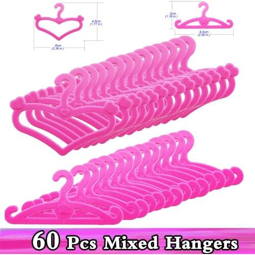 60 Pcs/Lot Cute Heart-shaped Doll Hangers Pink Plastic Mixed Hanger for Barbie Doll Accessories Play House Baby Girls Kid Toy