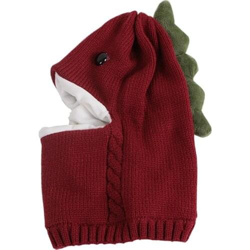 Kids Baby Winter Knitted Balaclava Beanie Hat Cute Cartoon Dinosaur Thick Lining Thermal Earflap Hood Scarf Skull Cap