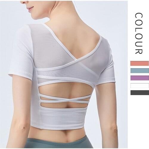 Breathable Women Sport Top Short Sleeve Yoga Crop Top Cross Back Fitness Solid T-shirt Padded Workout Sportswear