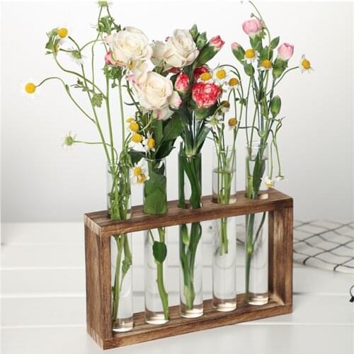 Fashion Hydroponic Plants Container with Wood Frame Clear Glass Test Tube Vase for Home Decor