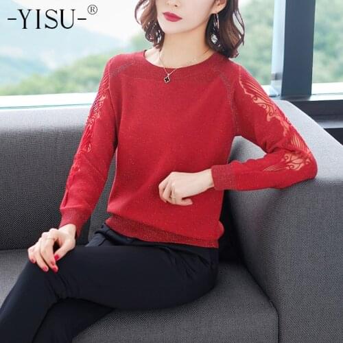 YISU Fashion Lace sweater Female Spring Jumper Women O-neck Solid Pullover Woman Long Selleve Knitted Sweater Women Tops