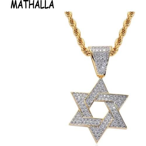 MATHALLA Hiphop Mens Hexagonal Star Pendant Necklace Ice Crystal Micropavé Zircon Gold Necklace Fashion Jewelry Gift