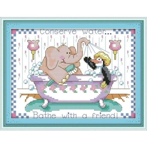 Bath with friend cross stitch kit cartoon 14ct 11ct count print canvas stitches embroidery DIY handmade needlework plus