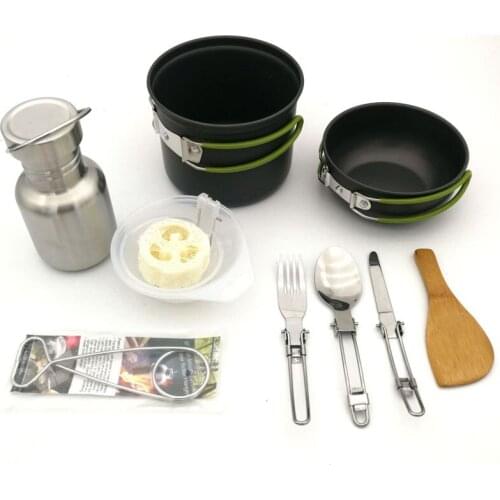 Camping Pot Set Stainless Steel Water Cup High Temperature Resistance Wear-Resistant Bowl Spoon Three-Piece Cutlery Camping