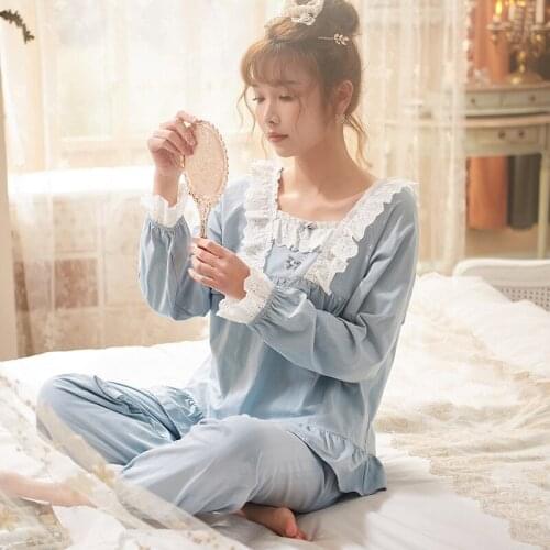 2021 New Pajamas Womens Jacquard Cotton Long-sleeved Trousers Lace Palace Cute Princess Home Clothes Japanese and Korean Style