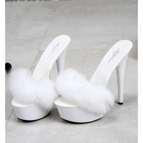 15cm New European and American Slippers Rabbit Hair Super High-heeled Shoes Slim-heeled Sexy Black Waterproof Platform Shoes