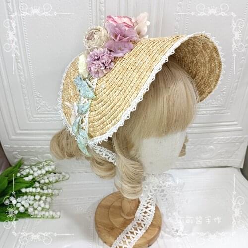 Original Handmade Lolita Straw Hat Flat Hat New Ancient Style French Vintage Gorgeous Elegant Wave Knight BNT Hat