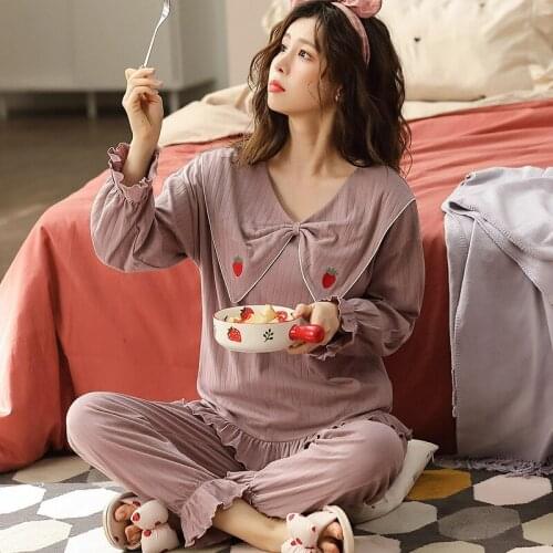 KISBINI Autumn Cotton Women Pajamas Set Solid Big Bowknot Neck Fashion Female Nightwear Fall Warm Long Sleeve Homewear For Women