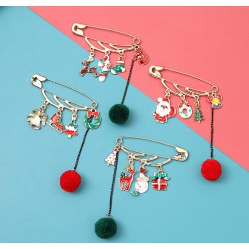Christmas Brooch Pins Santa Claus Christmas Tree Tassel Pendant Brooch Elk Bells Snowman Xmas Brooch Pins for Women Friends