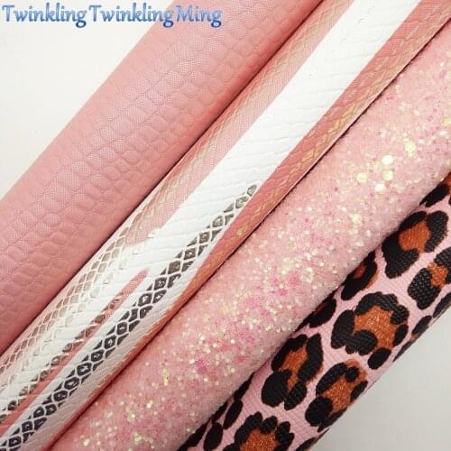 PINK Glitter Fabric, Snake Synthetic Leather, Leopard Printed Faux Fabric Sheets For Bow A4 21x29CM Twinkling Ming XM006G