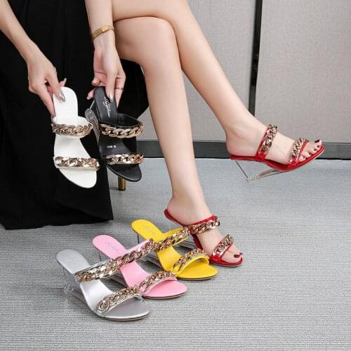 New Buckle Simple Transparent Wedge Metal Chain Slippers Female Summer Transparent Sole Sandals Open Toe Sexy Womens Shoes
