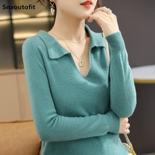Autumn Winter New 100%Wool Sweater Women POLO Collar Knit Pullover Solid Color Large Size Loose All-Match Casual Bottoming Shirt