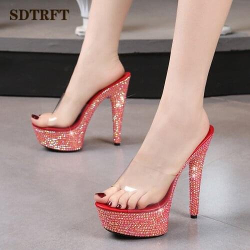 SDTRFT Summer 20cm Stiletto Transparent PVC Slippers 13cm Shoes Woman 15cm Thin Heels Open Toe sexy 17cm Sandals Diamond Pumps