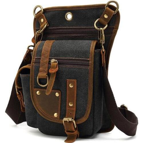 Vintage Men Leg Drop Bags Canvas Splicing Crazy Horse Leather Crossbody Shoulder Rider Hip Bum Belt Fanny Waist Bag