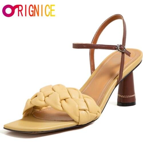 Orignice Woven High Heels Slingback Sandals For Women New Summer Square Toe Cow Leather Buckle Strap Sexy Party Ladies Shoes