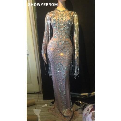 Women Sparkly Crystals Long Dress Evening Party stretch Rhinestones Dresses Birthday Celebrate Costume Fringes Dress