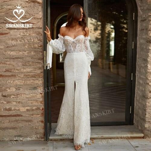 Vintage Lace Mermaid Wedding Dress 2021 2 In 1 Long Sleeve Bridal Gown Princess SwanSarah M070 Plus Size Vestido De Novia