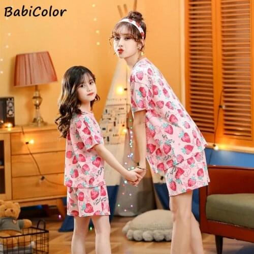 BabiColor Summer Family Matching Outfits Strawberry Pattern Homewear T Shirt Shorts Pajamas Mother And Daughter Sleepwear Suits