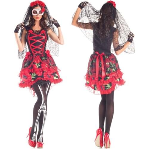 Plus Size Red Sexy Halloween Corpse Bride Horror Wedding Dress Zombie Bride Dress Up Cosplay Costume Party Adult Clothes M40459