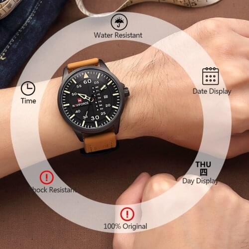 NAVIFORCE Sports Fashion Brand Luxury Mens Quartz Watches Leather Strap Watches Man Business 30M Water Ressistance Men Watch