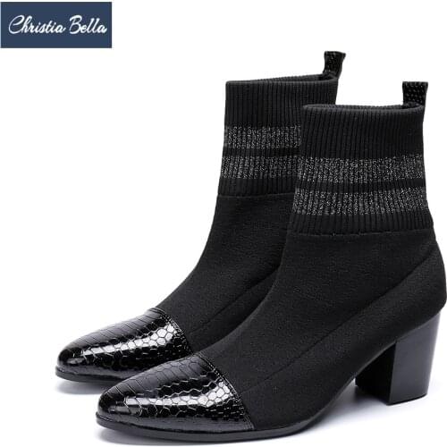 Christia Bella Autumn Winter Knitted Elastic Socks Boots for Men High Heel Short Boots Men Pointed Toe Ankle Boots Party Shoes