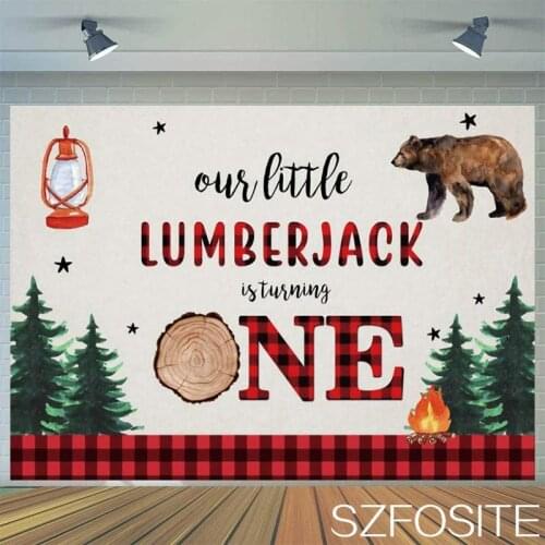 Lumberjacks Forest Bear Plaid Backdrop Boy Birthday Party Room Decoration Photography Studio Photo Kids Custom Vinyl Background