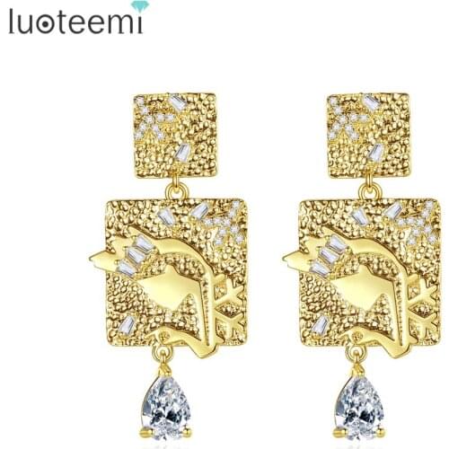 LUOTEEMI Double Square Cubic Zirconia Drop Earrings Fashion Statement Earring Jewelry for Women Wedding Party Christmas Brincos