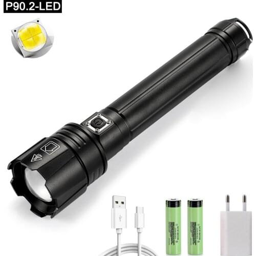Most Powerful LED Zoom Flashlight XHP90.2 Tactical Camping USB Rechargeable Waterproof Torch Handheld High Lumen Light