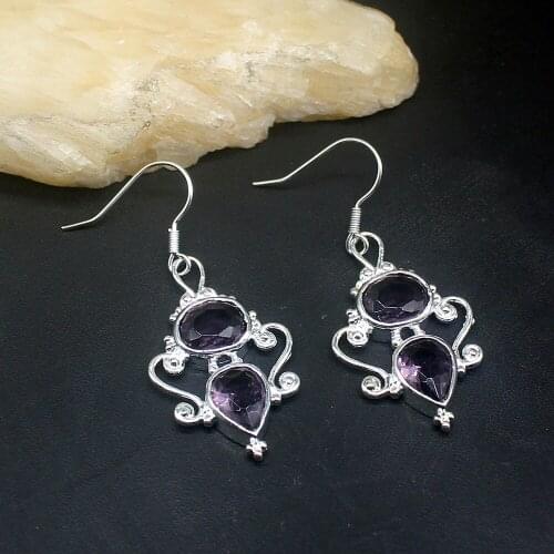 Hermosa Pretty Purple Amethyst Charm Genuine 925 Silver Dangle Drop Hook Earrings Jewelry Gifts for Women Girls 20213717