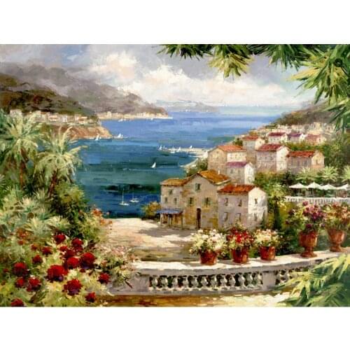 Canvas art Garden Italian oil paintings Harbor Vista cityscape Mediterranean artwork for living room hand painted